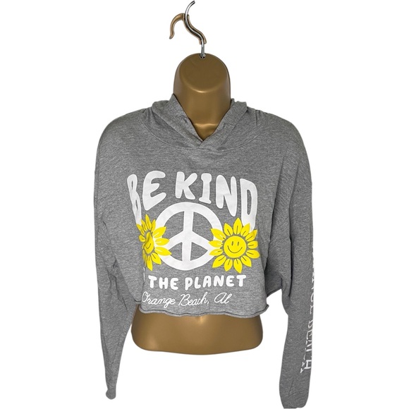 Alvin’s Island Be Kind To the Planet Cropped Hoodie Peace Sign Sunflowers Gray L - Picture 1 of 4